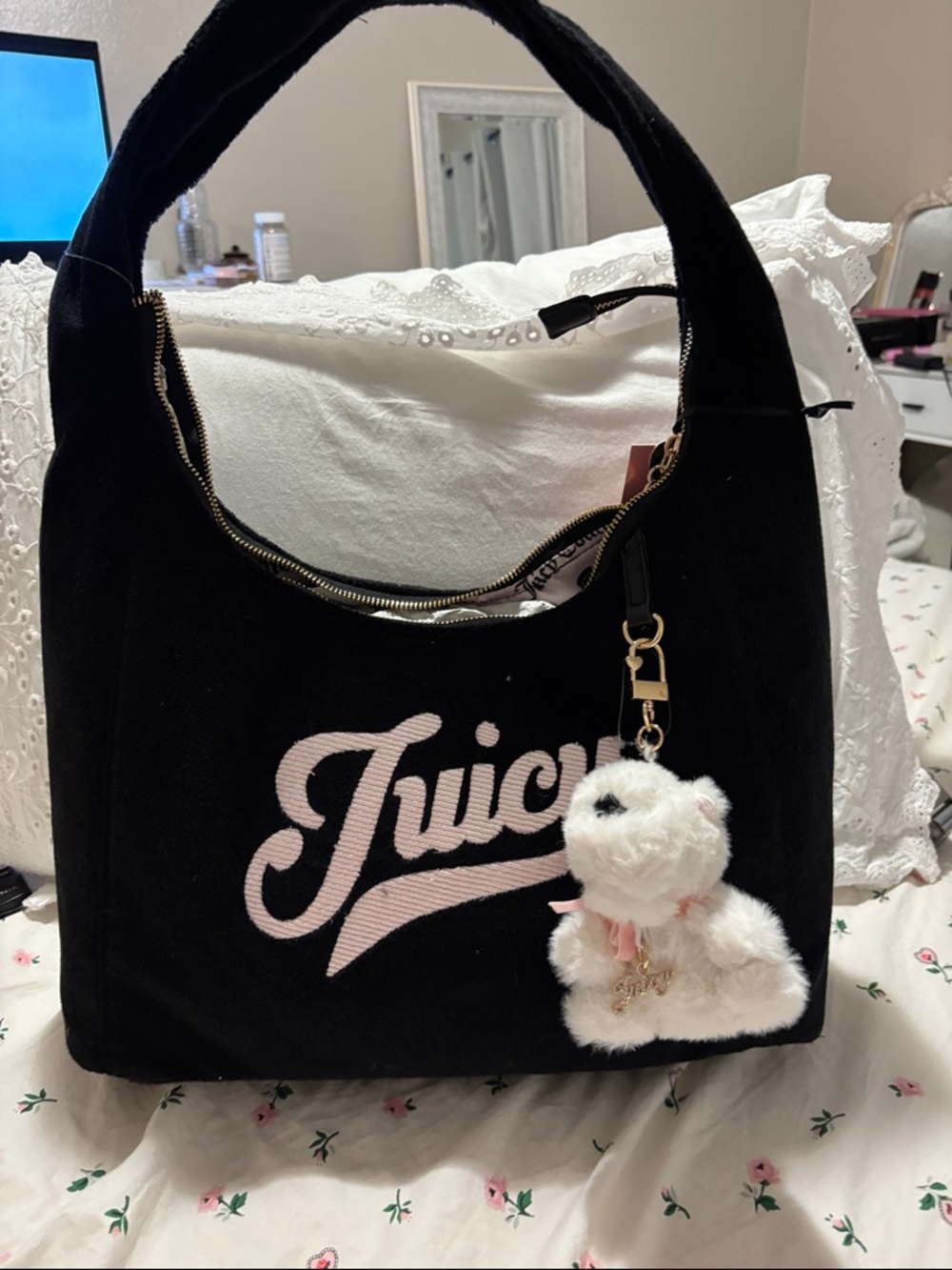 Juicy Couture Black Shoulder Bag with Pink Logo and White Plush Charm